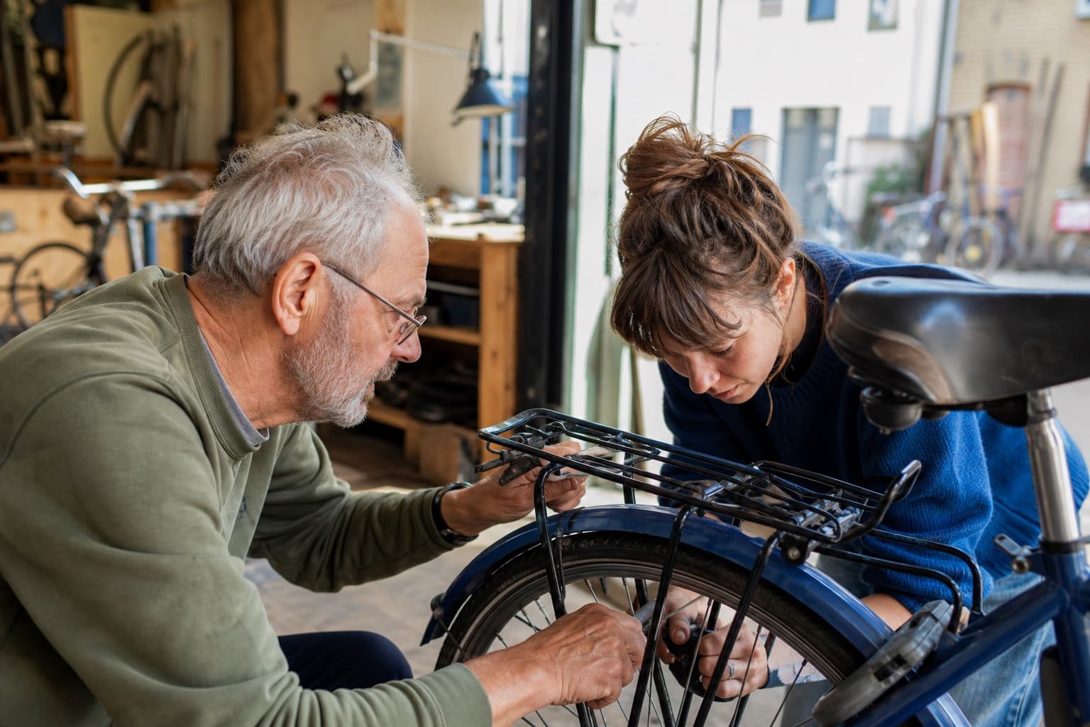 Vrijwilligers helpen samen een fiets repareren
