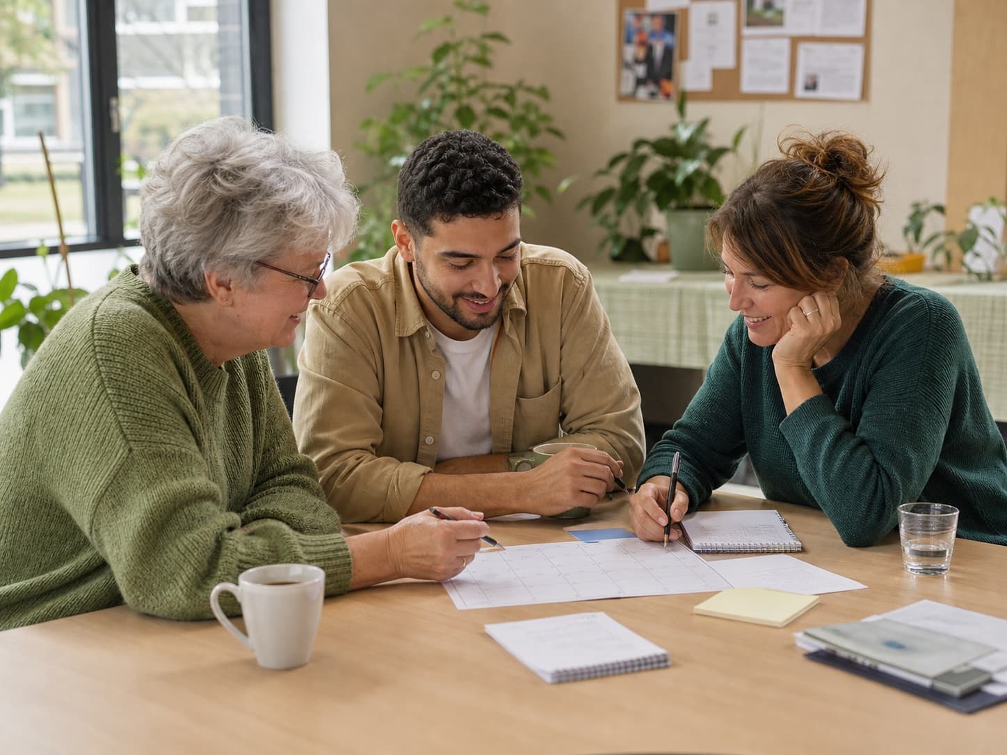 Drie mensen bespreken samen een planning aan tafel