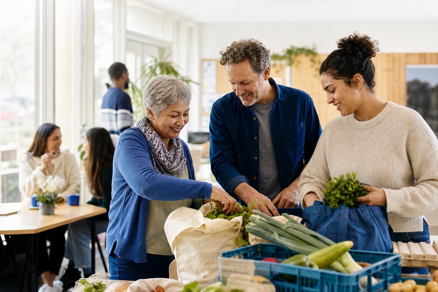 Vrijwilligers pakken samen boodschappen uit voor de buurtlunch